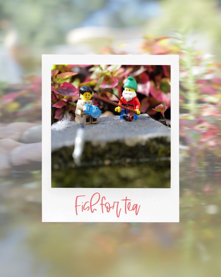 A Polaroid-style photo shows two LEGO figures: one holding a blue fish and another with a fishing rod. They sit outdoors on a stone, surrounded by leaves. Caption reads Fish for tea in red script.