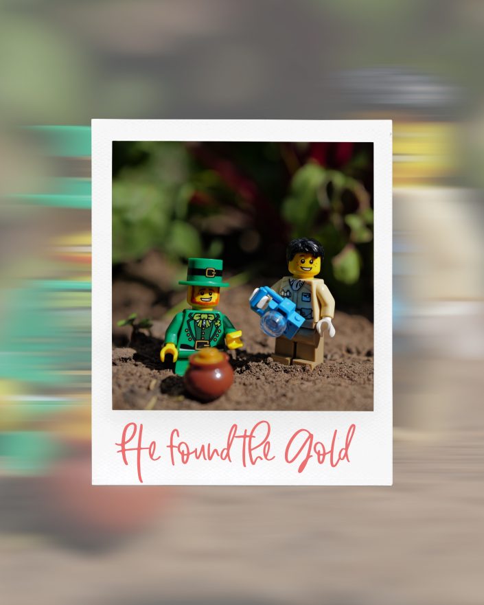 A LEGO leprechaun with a gold coin stands next to a smiling LEGO figure holding a camera in a garden. The caption below reads, He found the Gold in red script.