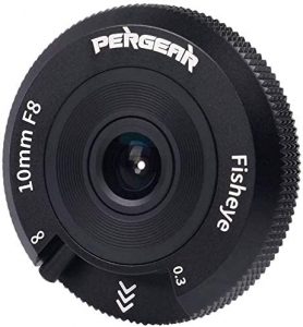 A Pergear fisheye camera lens with 10mm focal length and f/8 aperture, shown in close-up with white text labelling the specs on a black, circular lens body.