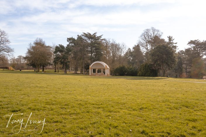 A small white bandstand sits on a large grassy field, surrounded by tall trees under a partly cloudy sky. The image is signed Tony Ivesy in the lower left corner.