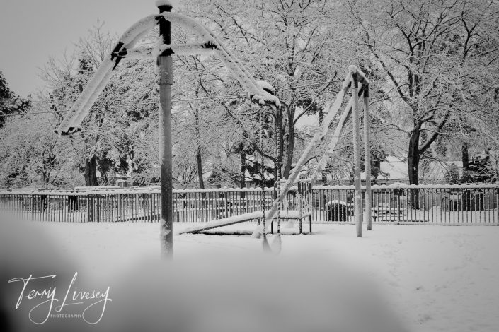 A playground swing set covered in snow stands empty in a park. Snow blankets the ground, the swings, and nearby trees, with a fence in the background. The scene is quiet and wintry.