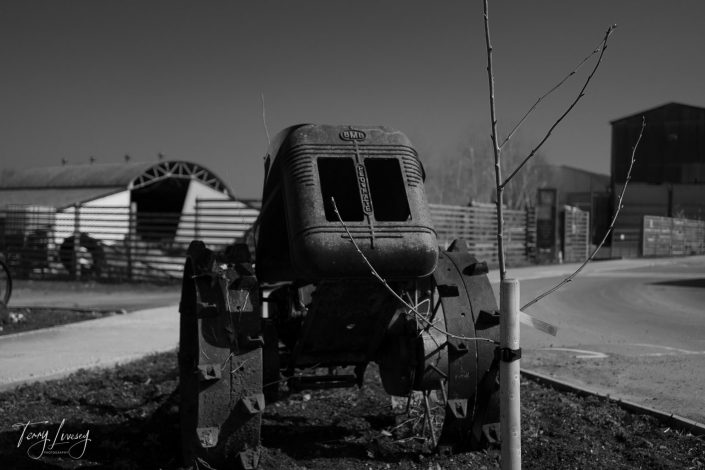 A black and white photo of an old, rusted tractor parked on soil beside a road, with a young tree staked nearby. Farm buildings and fences are visible in the background under a clear sky.