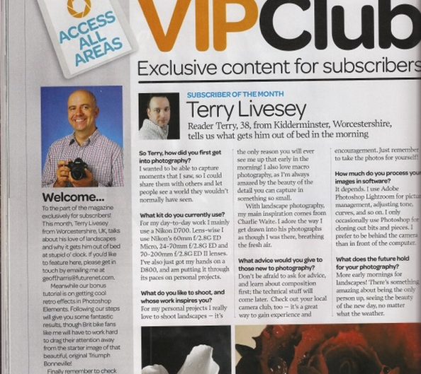 A magazine page features an Access All Areas badge, a welcome note with a smiling man holding a camera, and an interview with Subscriber of the Month Terry Livesey, showcasing his stunning photography of flowers and waterfalls.