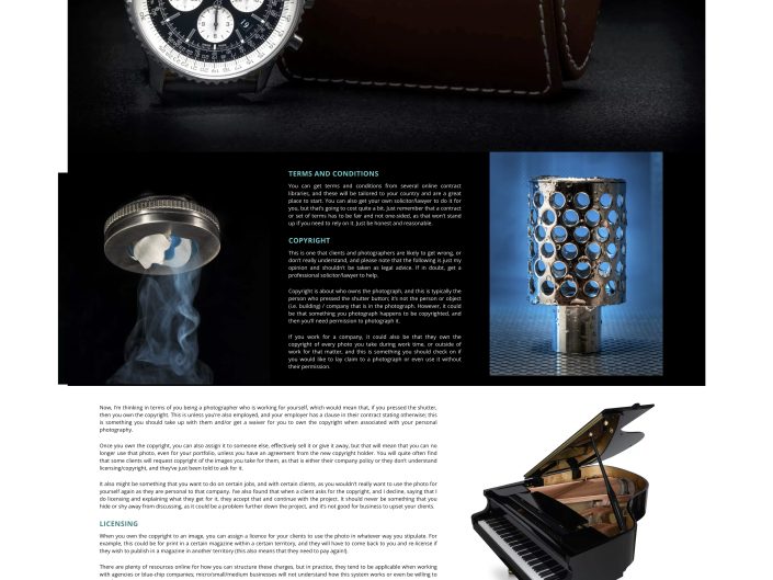 A website page featuring articles and images about photography, luxury watches, cars, fine drinks, gourmet food, a chessboard, a grand piano, a steak restaurant, and a burger. The layout is vertical with multiple sections.