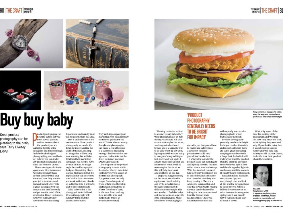 Magazine spread featuring an article on photography for products. The left page shows jewellery, cupcakes, and a decorative box; the right highlights a close-up of a hamburger alongside photography tips for stunning visuals.