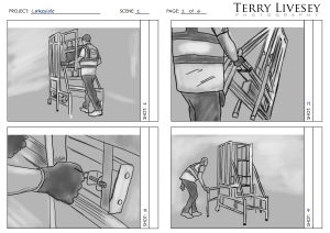 A storyboard with four panels shows a worker in a safety vest unloading and setting up a folding table, tightening a bolt, and arranging the table outdoors, capturing each step with photography-like precision.