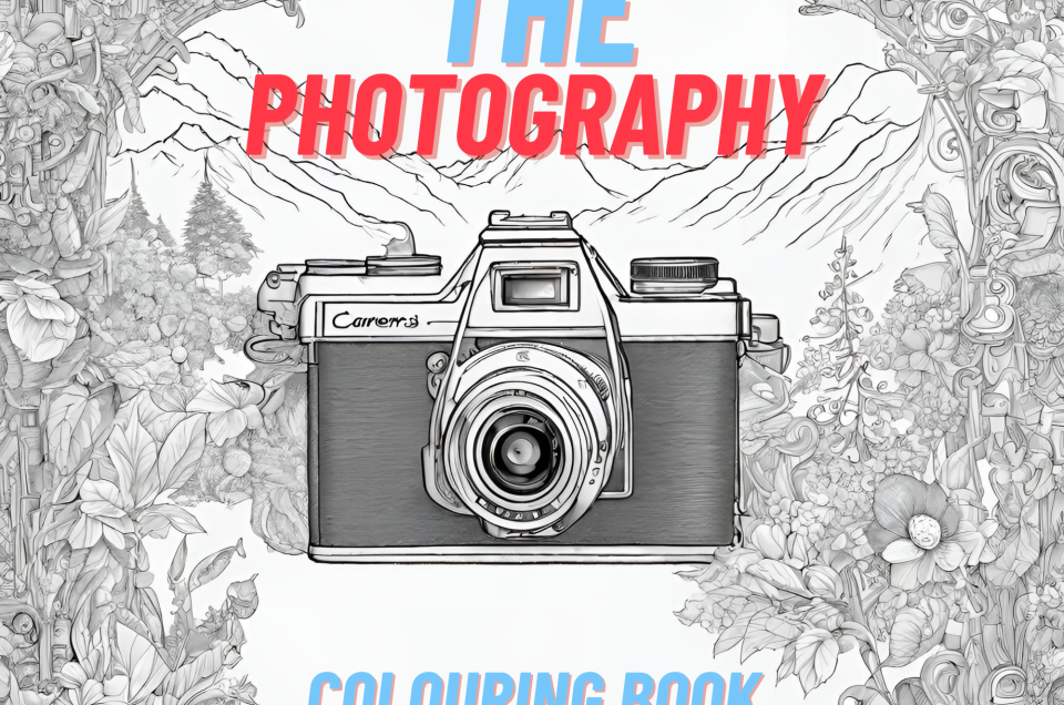 Illustrated cover of The Photography Colouring Book featuring a detailed drawing of a camera surrounded by intricate floral and nature designs, with mountains in the background—a perfect choice for photography enthusiasts.
