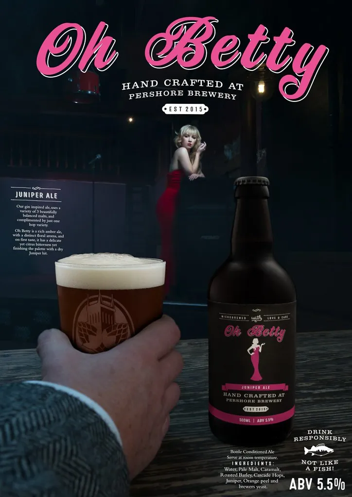 A pint and bottle of Oh Betty Juniper Ale sit on a bar table, captured in striking photography with a woman in vintage attire posing behind glass. Text highlights the handcrafted ale, its 5.5% ABV, and the brewery’s tradition.