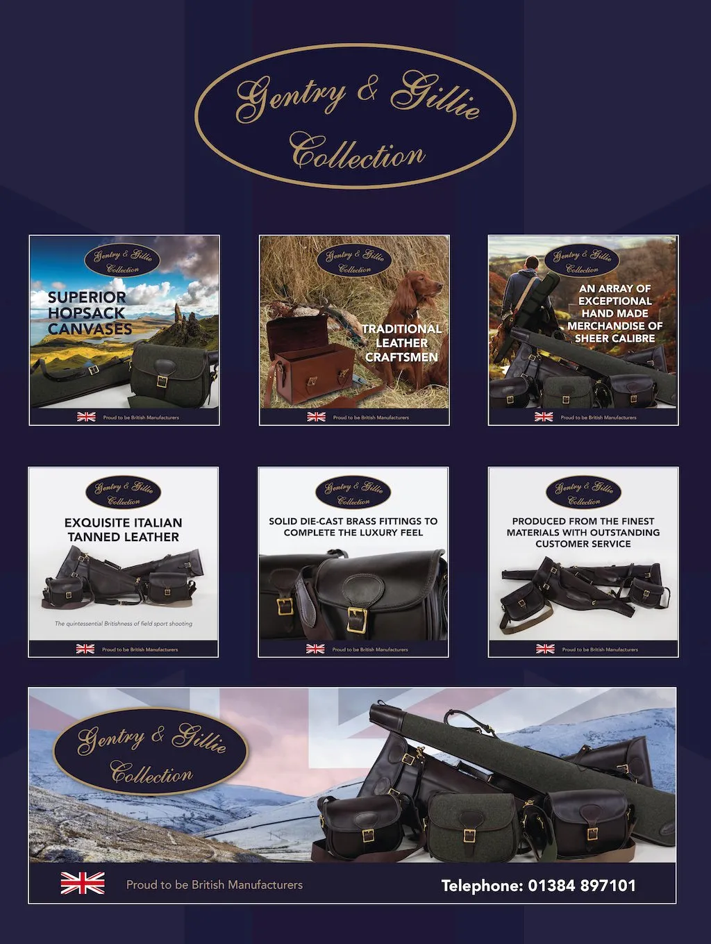 Promotional poster for Gentry & Gillie Collection featuring luxury bags crafted from hopsack canvas and Italian leather, enhanced by stylish photography, with product images, descriptions, British flag icons, and contact details at the bottom.
