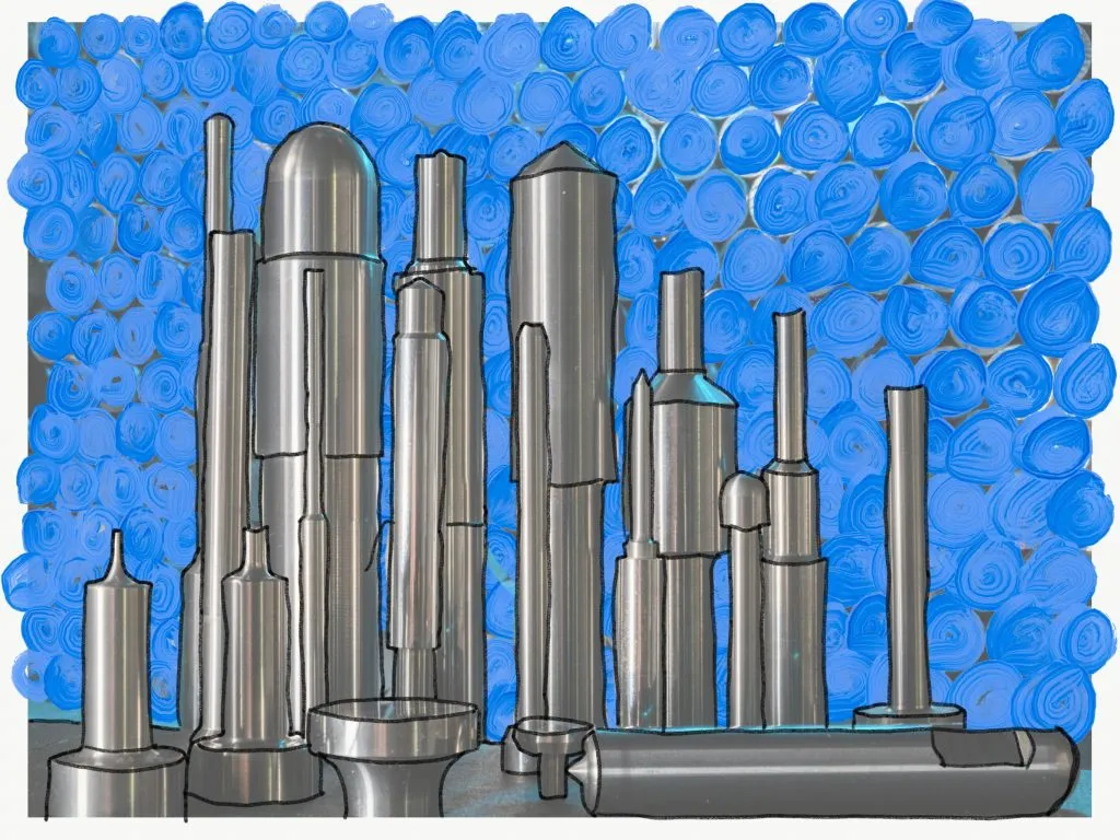 Digital illustration reminiscent of photography, showcasing shiny metal rods and cylinders standing upright before a textured blue background with circular patterns. The shapes vary in height and thickness.