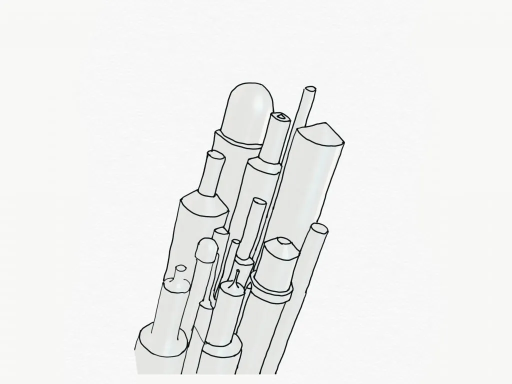 A group of tall, cylindrical objects with various tips and shapes, reminiscent of photographic equipment, arranged closely together and sketched in black and white on a plain background.