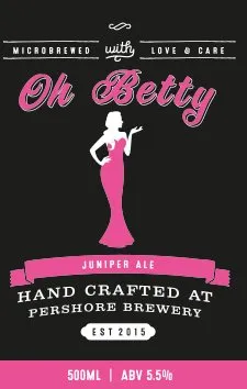 A black label for Oh Betty juniper ale from Pershore Brewery, featuring a photography-inspired pink silhouette of a woman in a dress. Text highlights its handcrafted, microbrewed qualities and 5.5% ABV.