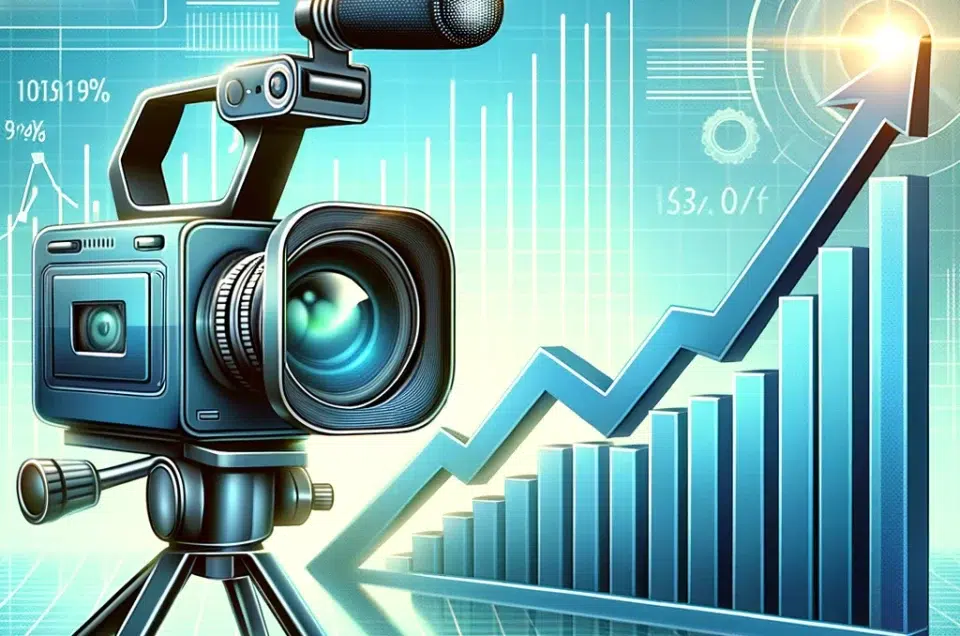 A video camera and tripod, often used in photography, stand beside an upward-trending bar graph and arrow, with digital charts and data overlays in the background, symbolising media growth and rising statistics.