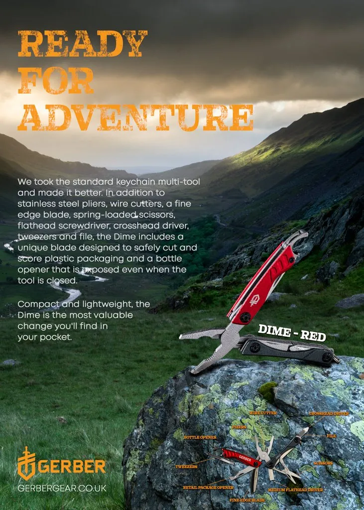 An advert for the Gerber Dime Red keyring multi-tool, shown open with various features labelled—perfect for everyday tasks, compact enough for your pocket, and even handy for photography needs like tightening gear or snipping tags.