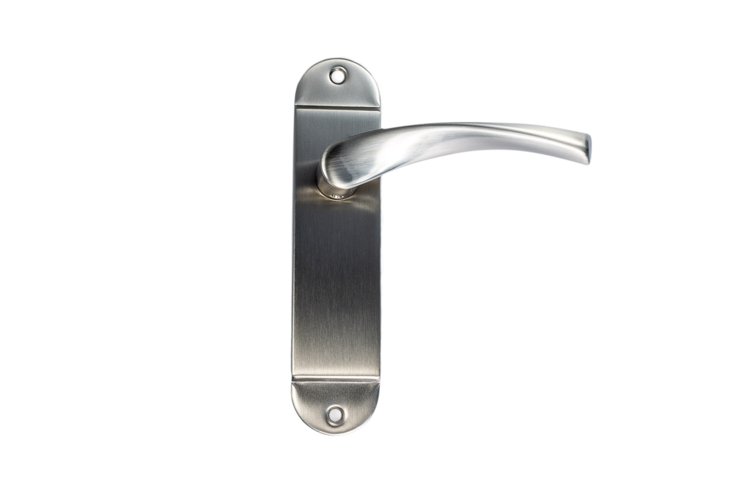 A silver metal door handle with a rectangular backplate, mounted vertically with two screws, showcased in a crisp photography setting against a white background.