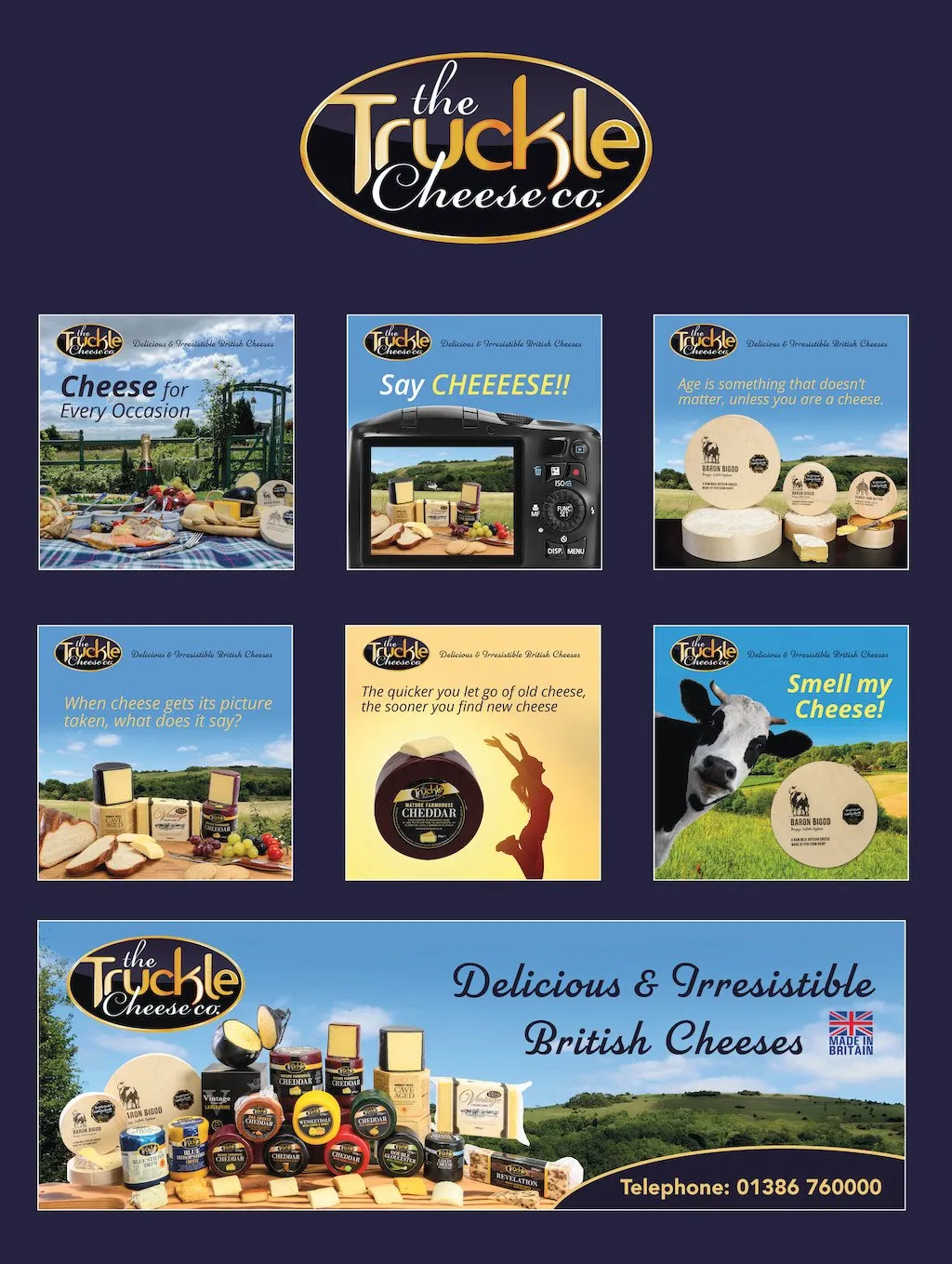 A promotional poster for The Truckle Cheese Co. featuring photography of various cheese products, slogans like “Say CHEEEESE!!” and “Delicious & Irresistible British Cheeses,” plus the company’s logo and contact information.
