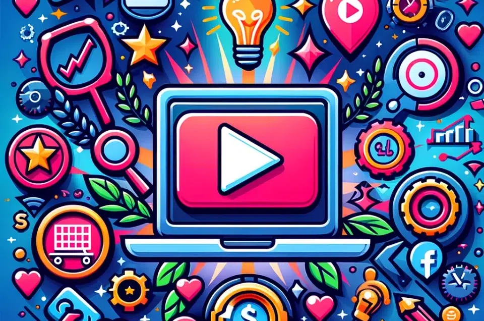 Colourful illustration of a laptop with a play button on the screen, surrounded by icons for photography, social media, shopping, and marketing—like hearts, charts, gears, and lightbulbs—symbolising digital marketing and online content creation.