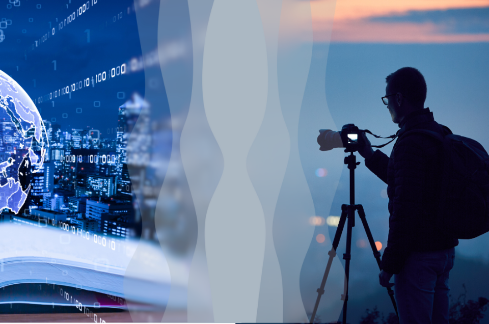 A person with a camera on a tripod stands outdoors at dusk, while the other half of the image shows a digital globe over an open book with city lights and binary code, merging photography, technology, and knowledge.