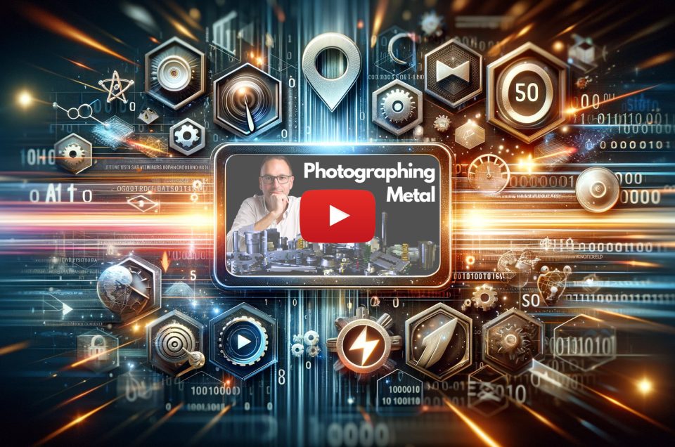 A digital graphic with a central video thumbnail titled “Photographing Metal”, showing a person, photography kit, and camera. The background features glowing hexagons, metallic icons, and technology-themed symbols with radiant light effects.