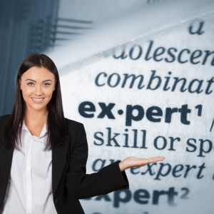 A woman in business attire smiles and gestures with her hand towards the word expert and its definition, which are prominently displayed in the background.