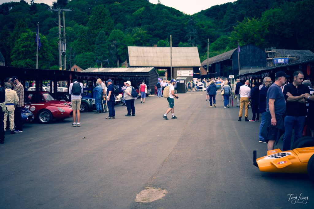 People gather around classic cars parked in rows at an outdoor event, with green trees and buildings in the background. Some attendees chat, while others walk or admire the vehicles, capturing moments through photography.