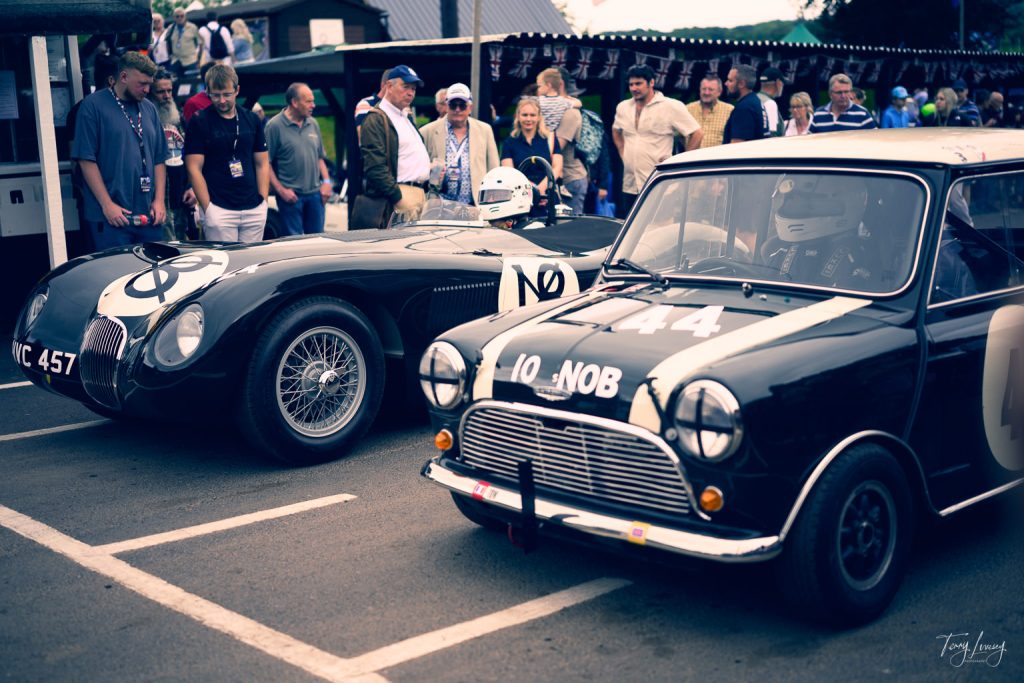 Two vintage racing cars, a black Jaguar and a black Mini Cooper, are parked side by side at a classic car event, with a crowd of people gathered around them, some taking photos and others talking.