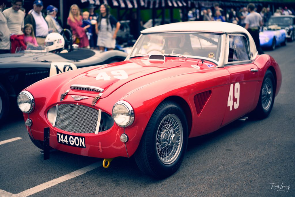 A bright red vintage racing car with the number 49 on the bonnet and door is parked at a car show. People are gathered in the background, and other classic cars are lined up beside it. The number plate reads “744 GON.”.