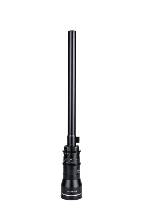 A tall, cylindrical camera lens with a long, narrow barrel and focus/zoom rings, labelled AstrHori, standing vertically against a plain white background.