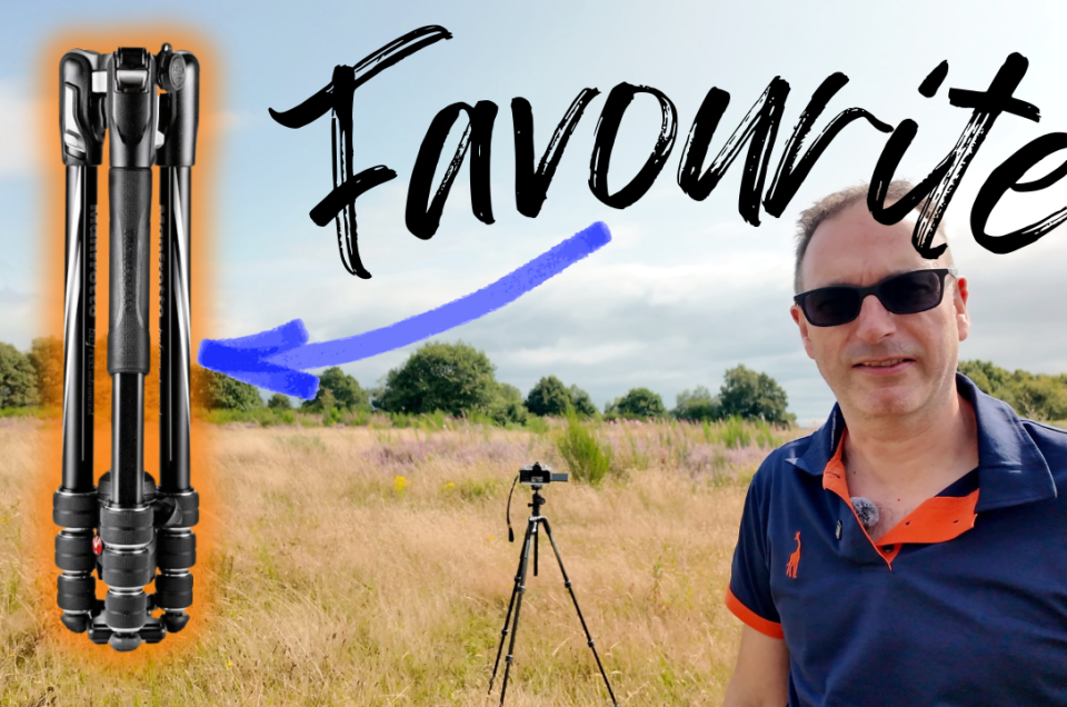 A man in sunglasses stands in a grassy field with a tripod and camera behind him. An image of a folded tripod is highlighted with a blue arrow and the word “Favourite” written in bold script above.