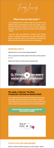 A newsletter features sections titled Tony Loves, Marketing Advice, a Q&A about social media platforms, a video promotion, and a segment for photographers, all in orange and white with text and call-to-action buttons.