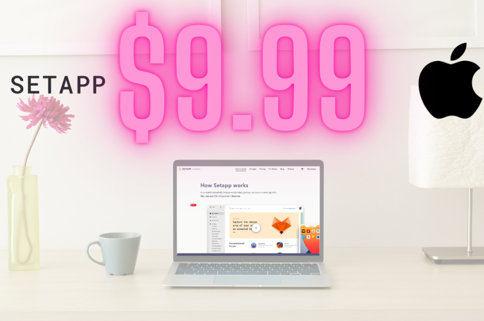 A laptop on a minimalist desk displays the Setapp website, with a vase and mug nearby. The Setapp and Apple logos are on each side, and large pink text £9.99 is centred above the laptop.
