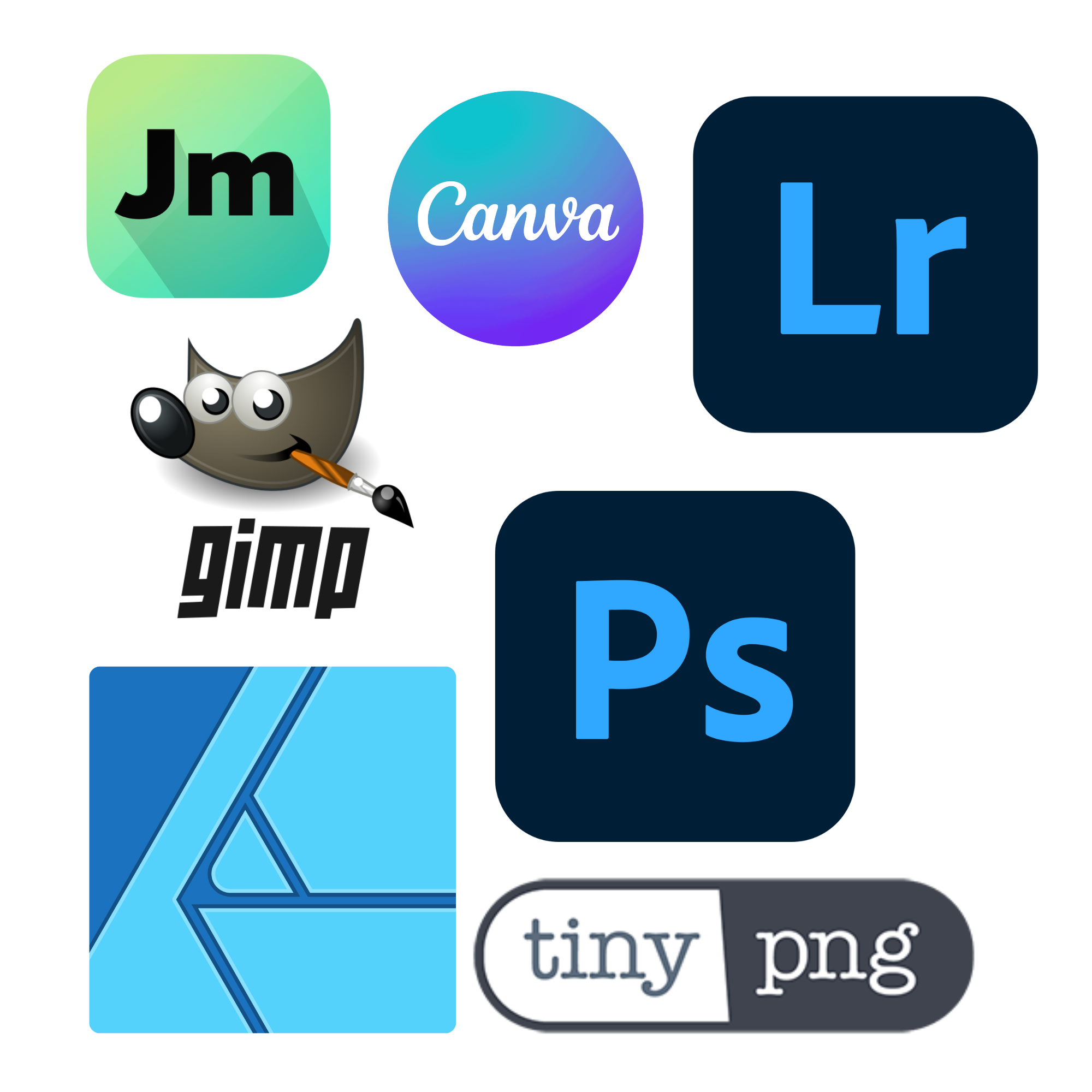 A collage of eight graphic design and photo editing app logos, including Jm (Jimdo), Canva, Lightroom, GIMP, Photoshop, Affinity Designer, and TinyPNG, displayed on a light background.
