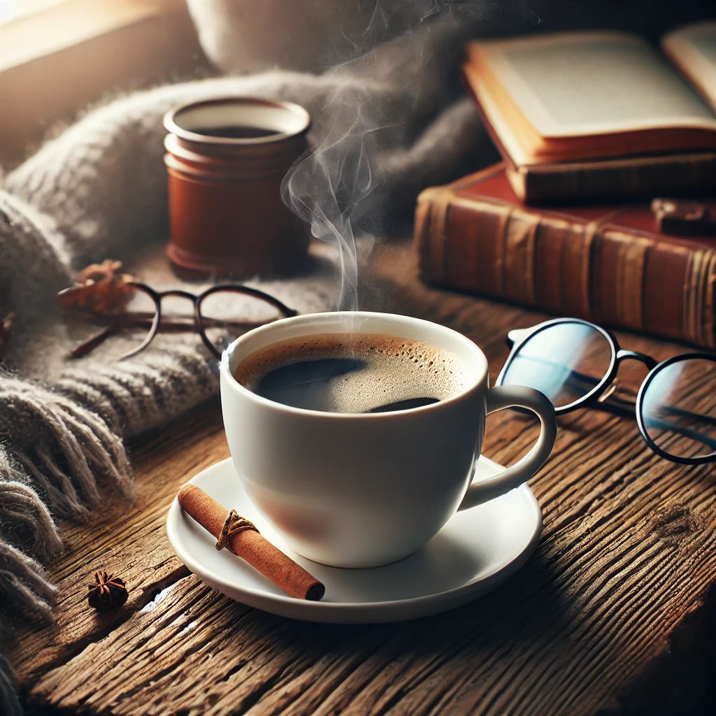 A cup of coffee set in a scene with books, clothes and glasses on a wooden bench. This is an AI generated image.