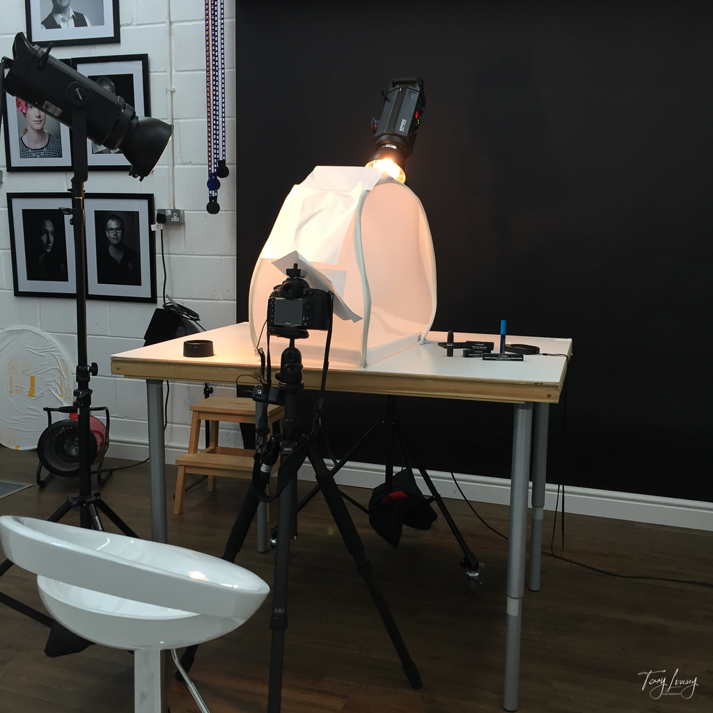 BTS shot of the setup for a makeup product shot