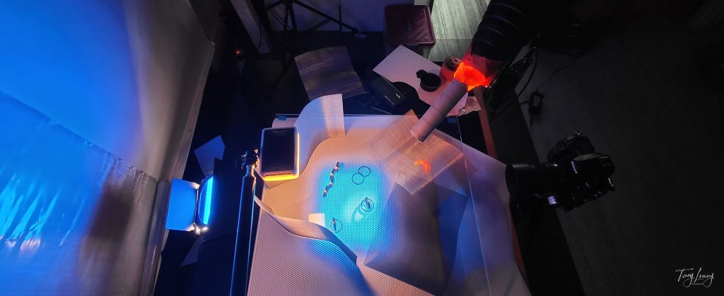 BTS show from above showing how I lit the scene and what materials were used to create the final shot.