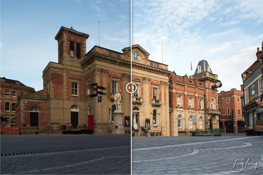 The same picture of Kidderminster Town Hall showing the before and after of photo editing to remove all rubbish and distractions.