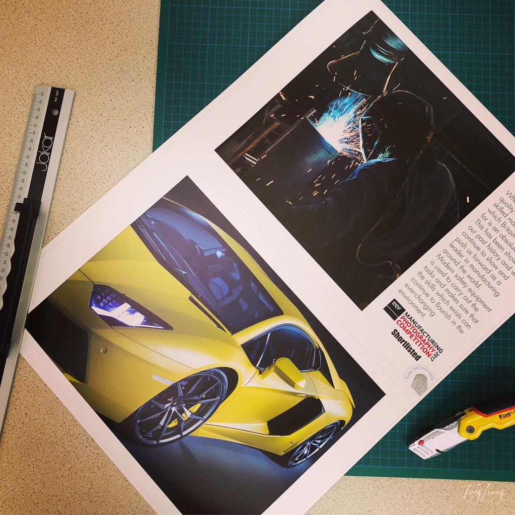 A print of a couple of my photographs, a yellow Lamborghini and a Manufacturing image.