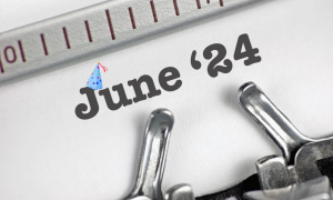 Text 24 June with a blue party hat emoji appears on a white background, partially framed by part of a typewriter ruler and two metal typewriter keys.