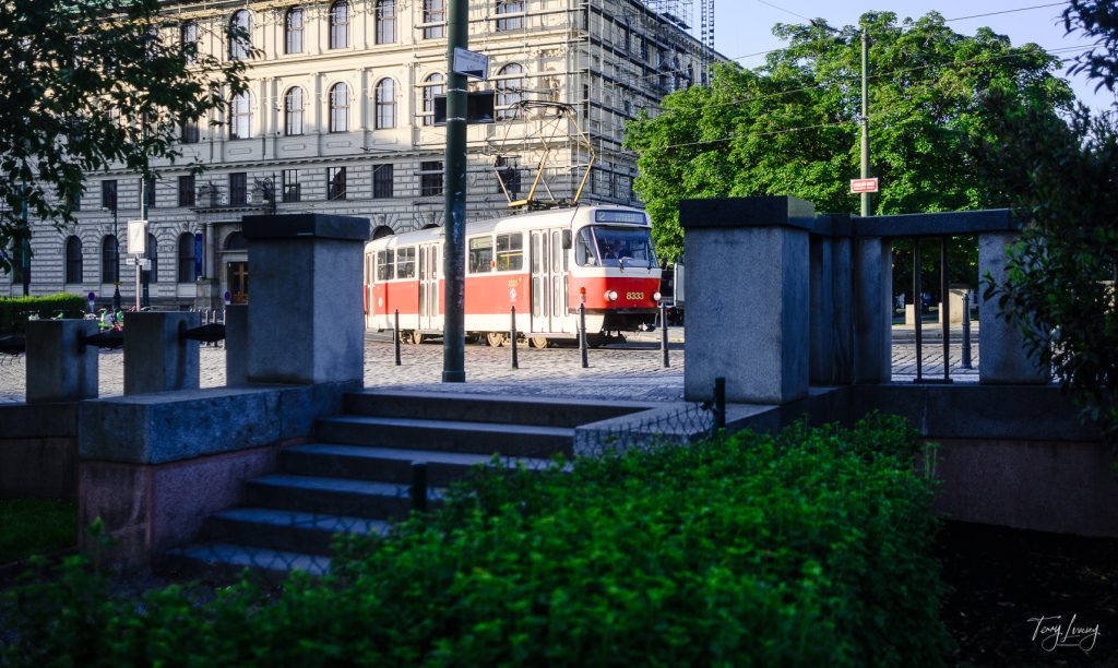 A red and white tram glides along a cobbled street in Prague, passing a historic building, as seen from a park entrance framed by stone steps and lush green bushes in the foreground.
