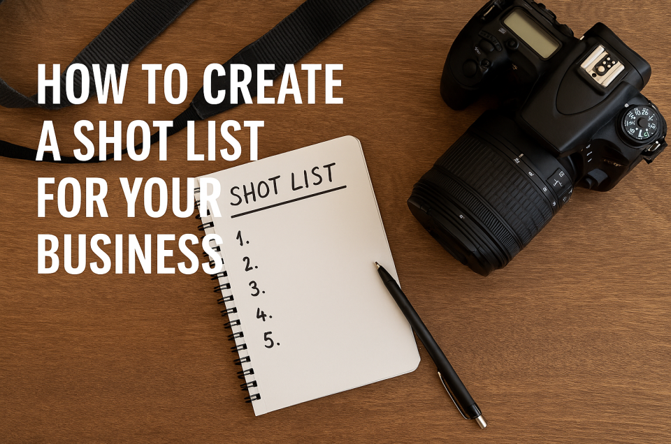 A DSLR camera, a pen, and a notebook titled SHOT LIST sit on a wooden surface. The text How to create a shot list for your business is displayed to the left of the items.