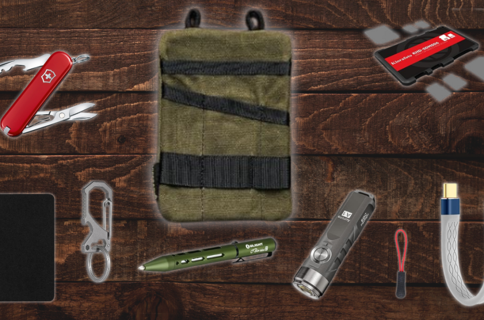 EDC tools. Case, torch, pen, multitool, SD card holder, notebook