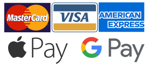 Payment method logos, mastercard, visa, AMEX, apple pay, google pay.