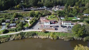 River Severn at Highley showing the Ship Inn and Severn Valley Railway