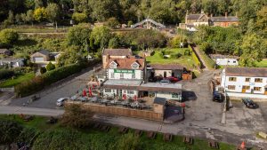 Drone shot showing the Ship Inn at Highley