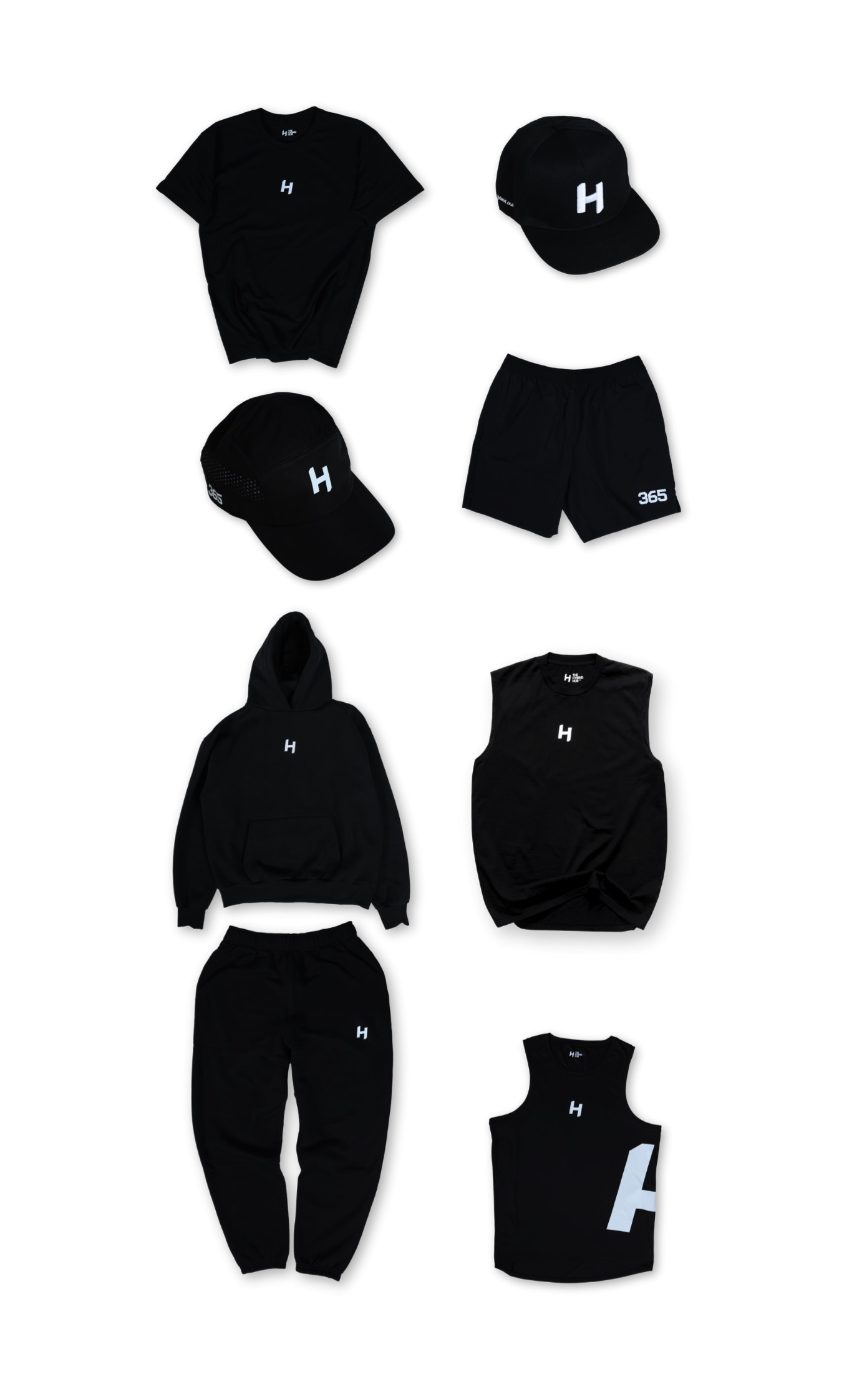 Collage of flat lays of Hybrid Hub apparel
