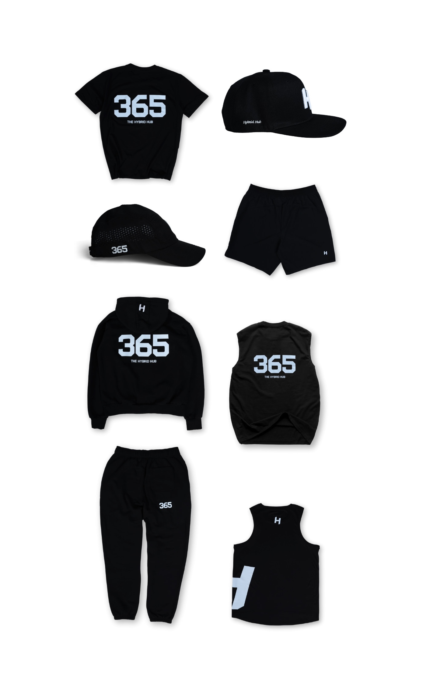 Collage of flat lays of Hybrid Hub apparel