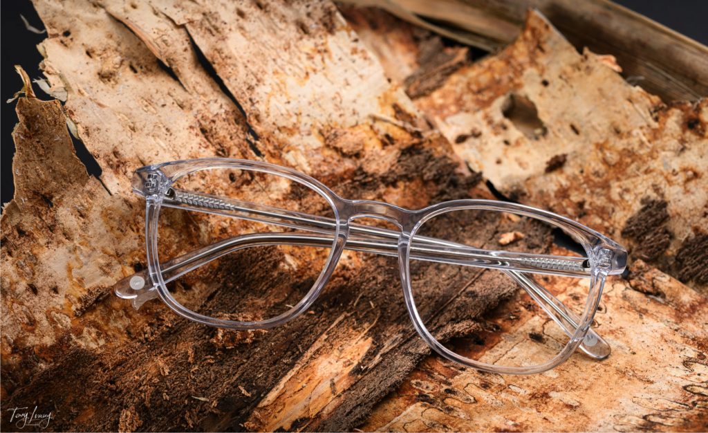 Pair of glasses on top of bark
