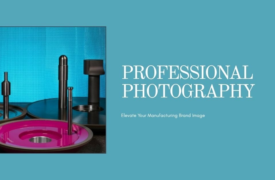 Metal manufacturing parts displayed on round platforms, including a pink disc, with the words Professional Photography – Elevate Your Manufacturing Brand Image on a blue background.