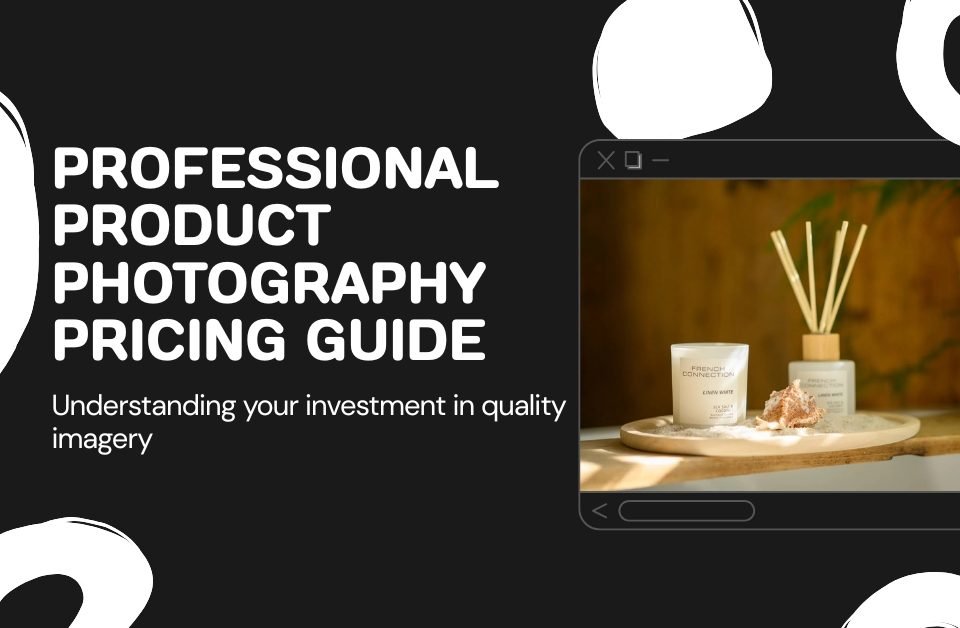 Graphic with the title Professional Product Photography Pricing Guide and a subtitle Understanding your investment in quality imagery. On the right is a photo of candles and reed diffusers on a table, surrounded by abstract white shapes.