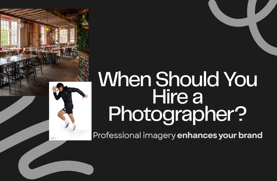 A graphic with photos of a restaurant interior and a person posing. Text reads, When should you hire a photographer? Professional imagery enhances your brand. Abstract grey lines decorate the black background.